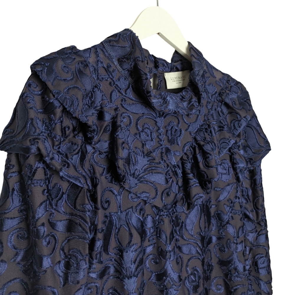 Luminary Women's Top Small Elegant Blue Velvet Victorian Jacquard Long Sleeve - Picture 9 of 10